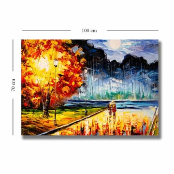 Lerretsbilde 70x100 cm - Romantisk spasertur under en månelys himmel med fargerike høsttrær - Oransje / Blå / Rød - Interiør - Maleri & posters - Lerretsbilder