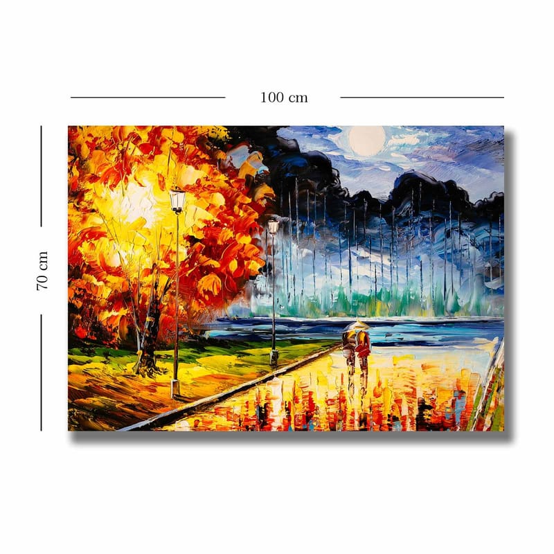 Lerretsbilde 70x100 cm - Romantisk spasertur under en månelys himmel med fargerike høsttrær - Oransje / Blå / Rød - Interiør - Maleri & posters - Lerretsbilder