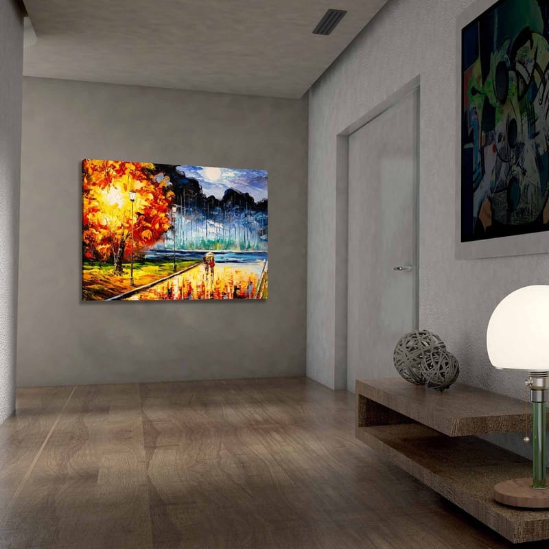Lerretsbilde 70x100 cm - Romantisk spasertur under en månelys himmel med fargerike høsttrær - Oransje / Blå / Rød - Interiør - Maleri & posters - Lerretsbilder