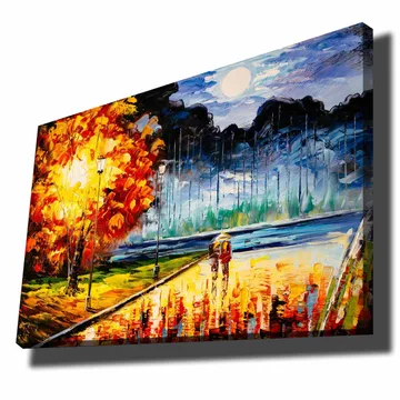 Lerretsbilde 70x100 cm - Romantisk spasertur under en månelys himmel med fargerike høsttrær - Oransje / Blå / Rød - Interiør - Maleri & posters - Lerretsbilder