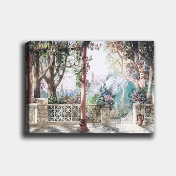 Lerretsbilde 70x100 cm - Romantisk utsikt over en hage med blomster og søyler i solrike omgivelser - Grønn / Rosa / Beige - Interiør - Maleri & posters - Lerretsbilder