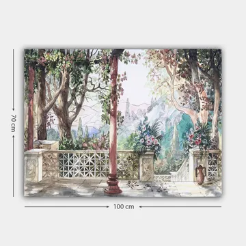 Lerretsbilde 70x100 cm - Romantisk utsikt over en hage med blomster og søyler i solrike omgivelser - Grønn / Rosa / Beige - Interiør - Maleri & posters - Lerretsbilder