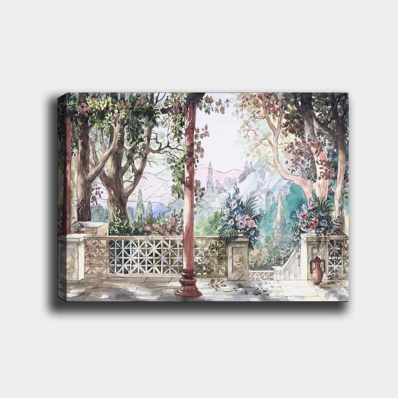 Lerretsbilde 70x100 cm - Romantisk utsikt over en hage med blomster og søyler i solrike omgivelser, Grønn / Rosa / Beige