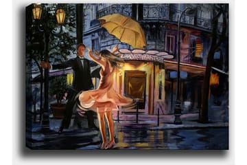 Lerretsbilde 70x100 cm - Romantisk par som danser under en paraply i regnet - Rosa / Svart / Gul - Interiør - Maleri & posters - Lerretsbilder