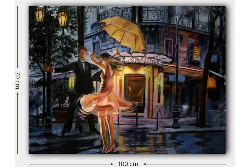 Lerretsbilde 70x100 cm - Romantisk par som danser under en paraply i regnet - Rosa / Svart / Gul - Interiør - Maleri & posters - Lerretsbilder