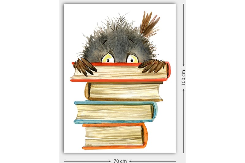 Lerretsbilde 70x100 cm - Søt, nysgjerrig figur som titter frem bak en stabel med bøker - Svart / Beige / Oransje - Interiør - Maleri & posters - Lerretsbilder