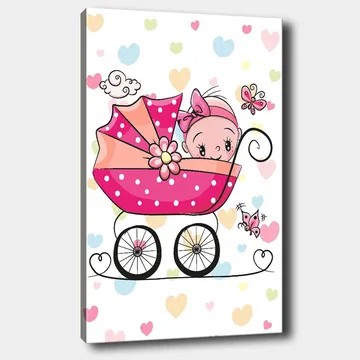 Lerretsbilde 70x100 cm - Søt baby i barnevogn omgitt av fargerike hjerter og sommerfugler - Rosa / Svart / Lys blå - Interiør - Maleri & posters - Lerretsbilder