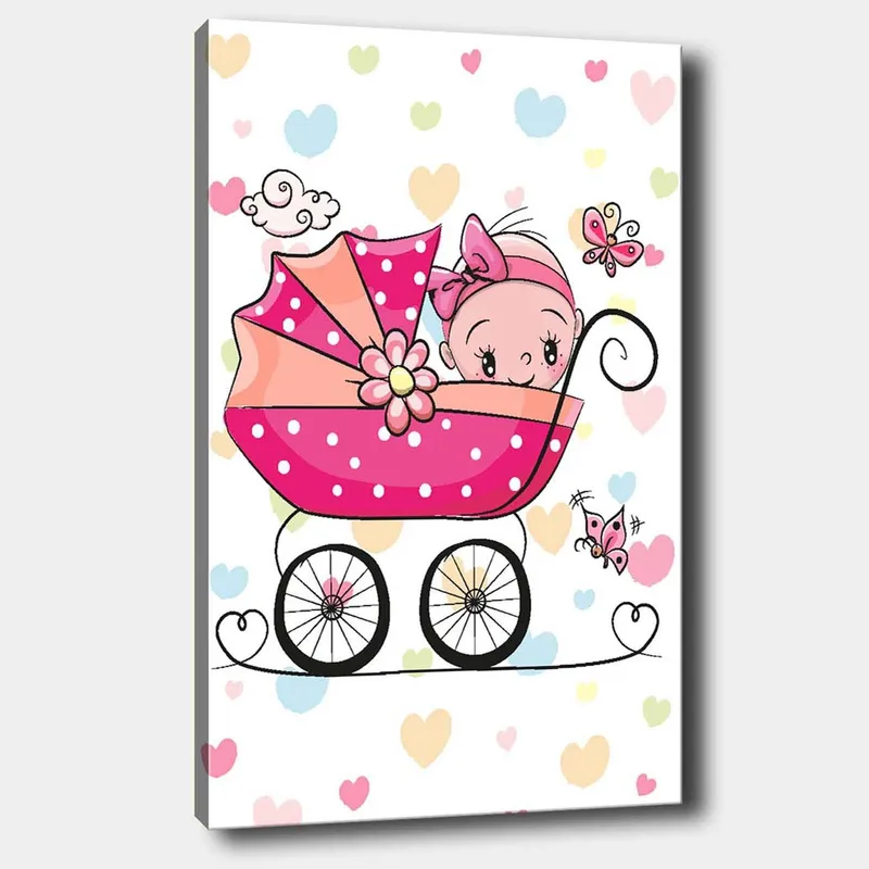 Lerretsbilde 70x100 cm - Søt baby i barnevogn omgitt av fargerike hjerter og sommerfugler, Rosa / Svart / Lys blå