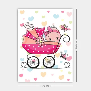 Lerretsbilde 70x100 cm - Søt baby i barnevogn omgitt av fargerike hjerter og sommerfugler - Rosa / Svart / Lys blå - Interiør - Maleri & posters - Lerretsbilder