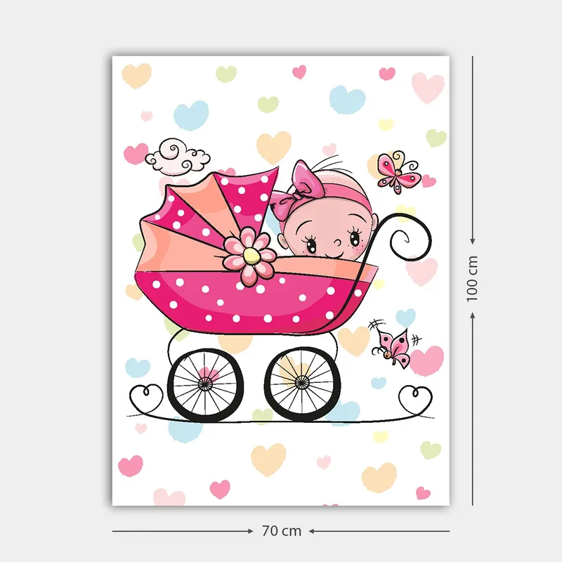 Lerretsbilde 70x100 cm - Søt baby i barnevogn omgitt av fargerike hjerter og sommerfugler - Rosa / Svart / Lys blå - Interiør - Maleri & posters - Lerretsbilder
