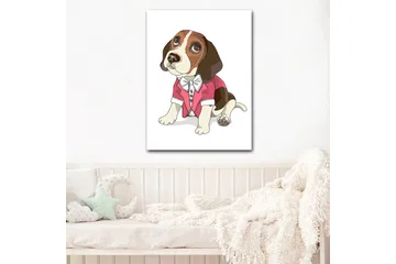 Lerretsbilde 70x100 cm - Søt beagle i rød jakke med sløyfe - Rød / Brun / Hvit - Interiør - Maleri & posters - Lerretsbilder