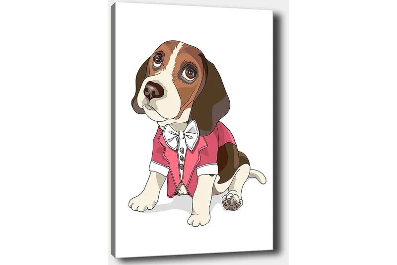 Lerretsbilde 70x100 cm - Søt beagle i rød jakke med sløyfe - Rød / Brun / Hvit - Interiør - Maleri & posters - Lerretsbilder