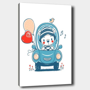 Lerretsbilde 70x100 cm - Søt bjørn i en bil som holder ballonger og ser glad ut - Blå / Rød / Beige - Interiør - Maleri & posters - Lerretsbilder