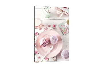 Lerretsbilde 70x100 cm - Søt borddekking med cupcakes på et rosa fat - Rosa / Hvit / Lys grønn - Interiør - Maleri & posters - Lerretsbilder