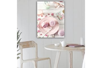 Lerretsbilde 70x100 cm - Søt borddekking med cupcakes på et rosa fat - Rosa / Hvit / Lys grønn - Interiør - Maleri & posters - Lerretsbilder