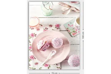 Lerretsbilde 70x100 cm - Søt borddekking med cupcakes på et rosa fat - Rosa / Hvit / Lys grønn - Interiør - Maleri & posters - Lerretsbilder