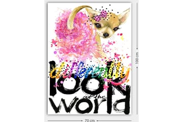 Lerretsbilde 70x100 cm - Søt chihuahua med rosa blomst og fargerike detaljer - Rosa / Svart / Beige - Interiør - Maleri & posters - Lerretsbilder