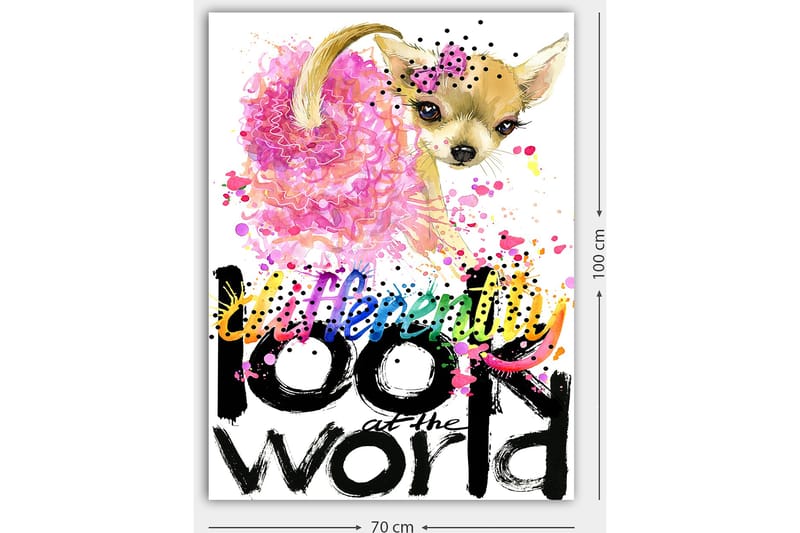 Lerretsbilde 70x100 cm - Søt chihuahua med rosa blomst og fargerike detaljer - Rosa / Svart / Beige - Interiør - Maleri & posters - Lerretsbilder