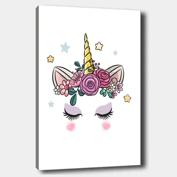 Lerretsbilde 70x100 cm - Søt enhjørning med blomster og stjerner som dekorasjon - Lilla / Rosa / Gull - Interiør - Maleri & posters - Lerretsbilder