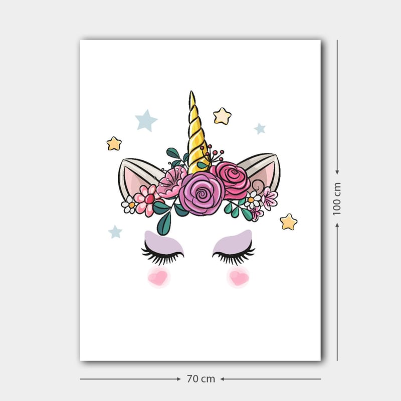 Lerretsbilde 70x100 cm - Søt enhjørning med blomster og stjerner som dekorasjon - Lilla / Rosa / Gull - Interiør - Maleri & posters - Lerretsbilder