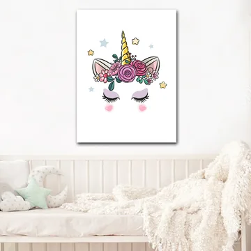Lerretsbilde 70x100 cm - Søt enhjørning med blomster og stjerner som dekorasjon - Lilla / Rosa / Gull - Interiør - Maleri & posters - Lerretsbilder