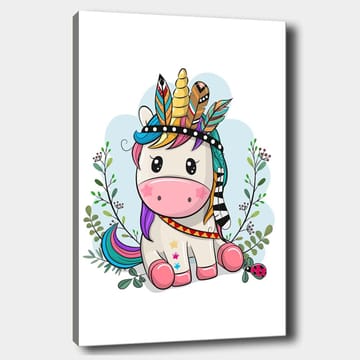 Lerretsbilde 70x100 cm - Søt enhjørning med fargerik man og fjær som dekorasjon - Rosa / Lilla / Grønn - Interiør - Maleri & posters - Lerretsbilder