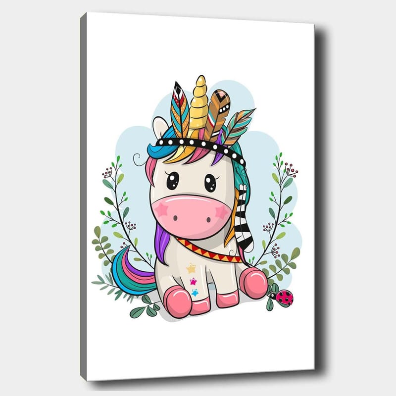 Lerretsbilde 70x100 cm - Søt enhjørning med fargerik man og fjær som dekorasjon - Rosa / Lilla / Grønn - Interiør - Maleri & posters - Lerretsbilder