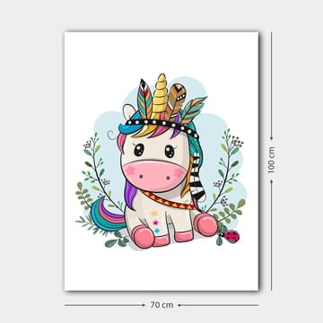 Lerretsbilde 70x100 cm - Søt enhjørning med fargerik man og fjær som dekorasjon - Rosa / Lilla / Grønn - Interiør - Maleri & posters - Lerretsbilder