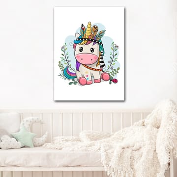 Lerretsbilde 70x100 cm - Søt enhjørning med fargerik man og fjær som dekorasjon - Rosa / Lilla / Grønn - Interiør - Maleri & posters - Lerretsbilder