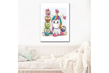 Lerretsbilde 70x100 cm - Søt enhjørning omgitt av fargerike ugler med store øyne - Grå / Grønn / Lilla - Interiør - Maleri & posters - Lerretsbilder