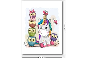 Lerretsbilde 70x100 cm - Søt enhjørning omgitt av fargerike ugler med store øyne - Grå / Grønn / Lilla - Interiør - Maleri & posters - Lerretsbilder