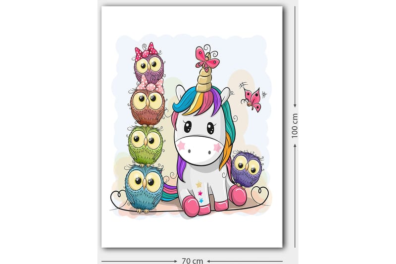 Lerretsbilde 70x100 cm - Søt enhjørning omgitt av fargerike ugler med store øyne - Grå / Grønn / Lilla - Interiør - Maleri & posters - Lerretsbilder