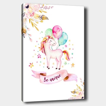 Lerretsbilde 70x100 cm - Søt enhjørning som holder fargerike ballonger og er omgitt av stjerner og blomster - Rosa / Mintgrønn / Gul - Interiør - Maleri & posters - Lerretsbilder