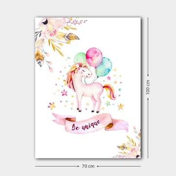 Lerretsbilde 70x100 cm - Søt enhjørning som holder fargerike ballonger og er omgitt av stjerner og blomster - Rosa / Mintgrønn / Gul - Interiør - Maleri & posters - Lerretsbilder