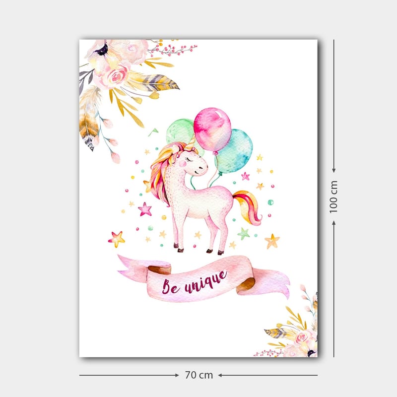Lerretsbilde 70x100 cm - Søt enhjørning som holder fargerike ballonger og er omgitt av stjerner og blomster - Rosa / Mintgrønn / Gul - Interiør - Maleri & posters - Lerretsbilder
