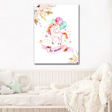 Lerretsbilde 70x100 cm - Søt enhjørning som holder fargerike ballonger og er omgitt av stjerner og blomster - Rosa / Mintgrønn / Gul - Interiør - Maleri & posters - Lerretsbilder