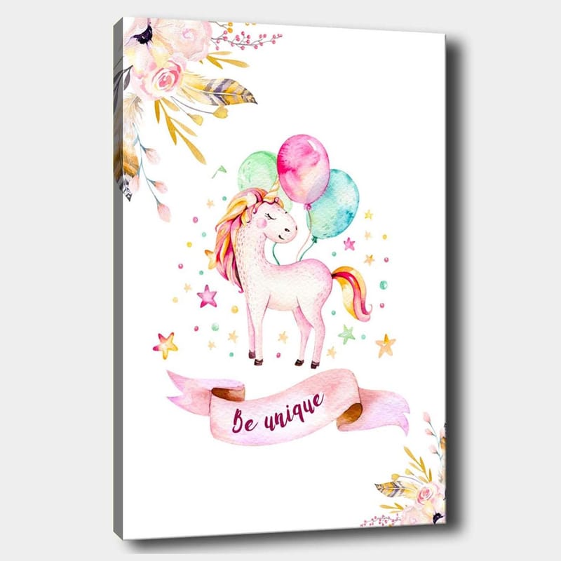 Lerretsbilde 70x100 cm - Søt enhjørning som holder fargerike ballonger og er omgitt av stjerner og blomster, Rosa / Mintgrønn / Gul