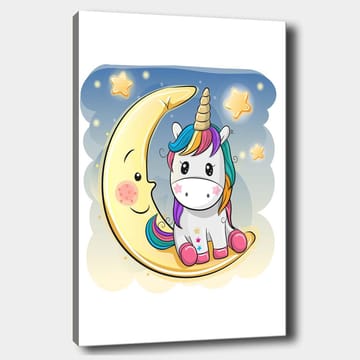 Lerretsbilde 70x100 cm - Søt enhjørning som sitter på en måne med stjerner i bakgrunnen - Gul / Rosa / Blå - Interiør - Maleri & posters - Lerretsbilder