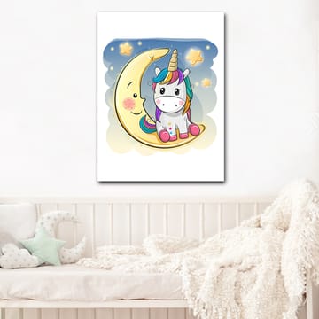 Lerretsbilde 70x100 cm - Søt enhjørning som sitter på en måne med stjerner i bakgrunnen - Gul / Rosa / Blå - Interiør - Maleri & posters - Lerretsbilder