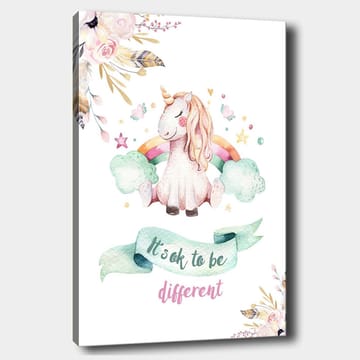 Lerretsbilde 70x100 cm - Søt enhjørning som sitter på skyer med en regnbue i bakgrunnen - Rosa / Mintgrønn / Lys gul - Interiør - Maleri & posters - Lerretsbilder