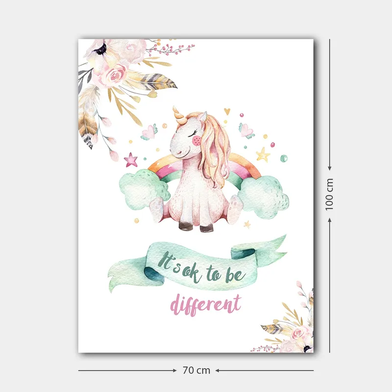 Lerretsbilde 70x100 cm - Søt enhjørning som sitter på skyer med en regnbue i bakgrunnen - Rosa / Mintgrønn / Lys gul - Interiør - Maleri & posters - Lerretsbilder