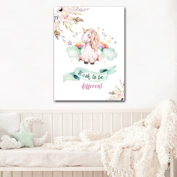 Lerretsbilde 70x100 cm - Søt enhjørning som sitter på skyer med en regnbue i bakgrunnen - Rosa / Mintgrønn / Lys gul - Interiør - Maleri & posters - Lerretsbilder