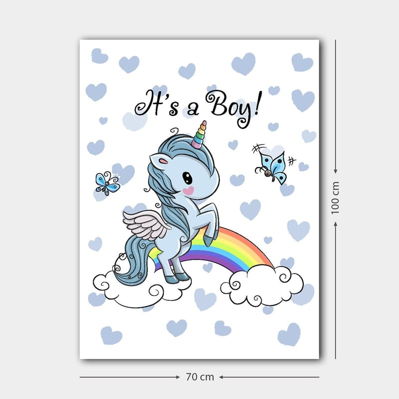 Lerretsbilde 70x100 cm - Søt enhjørning som står på en regnbue omgitt av skyer og sommerfugler - Lyseblå / Regnbuefarger / Hvit - Interiør - Maleri & posters - Lerretsbilder