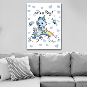 Lerretsbilde 70x100 cm - Søt enhjørning som står på en regnbue omgitt av skyer og sommerfugler - Lyseblå / Regnbuefarger / Hvit - Interiør - Maleri & posters - Lerretsbilder