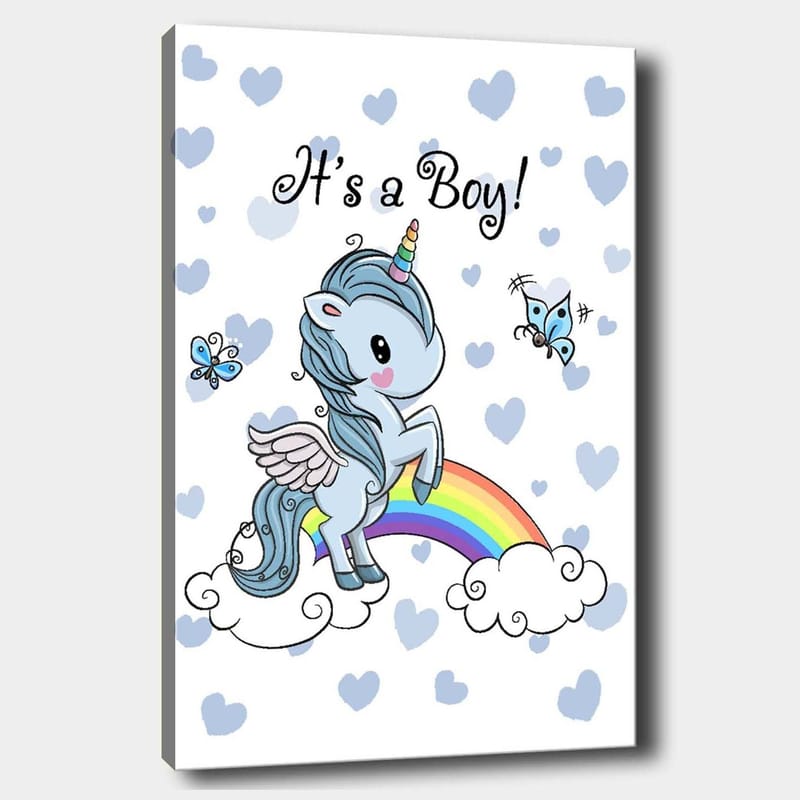 Lerretsbilde 70x100 cm - Søt enhjørning som står på en regnbue omgitt av skyer og sommerfugler, Lyseblå / Regnbuefarger / Hvit