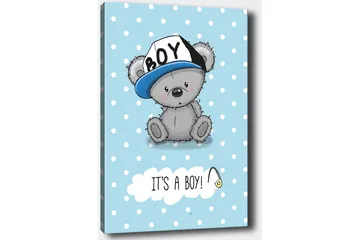 Lerretsbilde 70x100 cm - Søt gråbjørn med blå lue som sitter på en lyseblå bakgrunn med hvite prikker - Blå / Grå - Interiør - Maleri & posters - Lerretsbilder