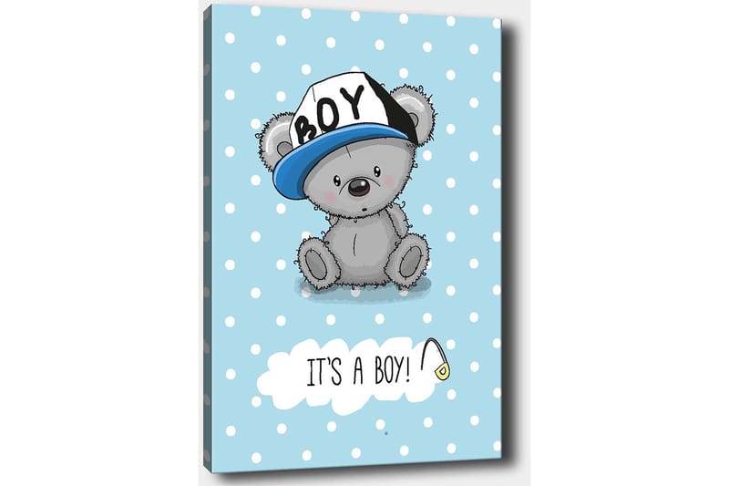 Lerretsbilde 70x100 cm - Søt gråbjørn med blå lue som sitter på en lyseblå bakgrunn med hvite prikker - Blå / Grå - Interiør - Maleri & posters - Lerretsbilder