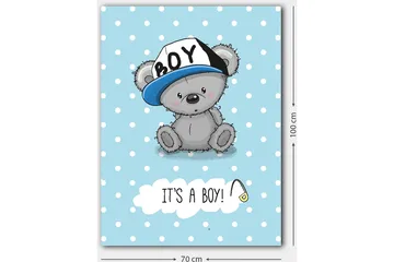 Lerretsbilde 70x100 cm - Søt gråbjørn med blå lue som sitter på en lyseblå bakgrunn med hvite prikker - Blå / Grå - Interiør - Maleri & posters - Lerretsbilder