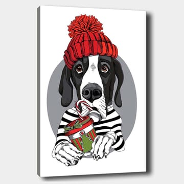 Lerretsbilde 70x100 cm - Søt hund i rød hatt som holder en julegave med en sjokoladebar - Rød / Svart / Grønn - Interiør - Maleri & posters - Lerretsbilder