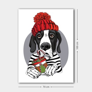 Lerretsbilde 70x100 cm - Søt hund i rød hatt som holder en julegave med en sjokoladebar - Rød / Svart / Grønn - Interiør - Maleri & posters - Lerretsbilder
